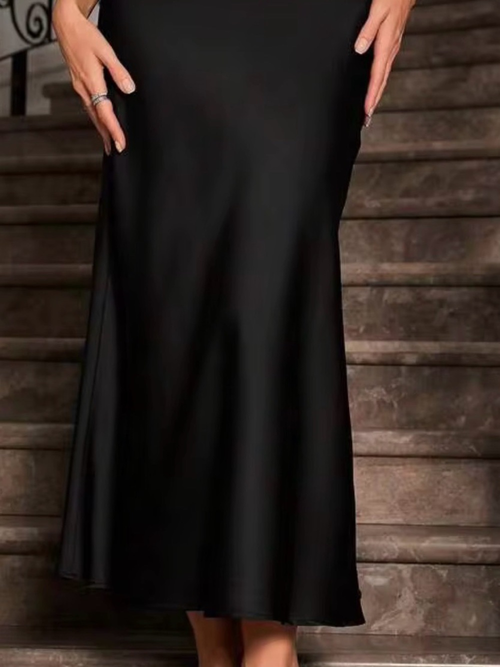 Classic Black Satin Midi Skirt